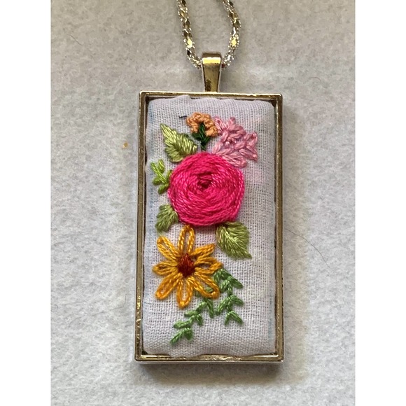 Handmade Embroidery Floral Design Necklace - Rectangle Bezel - Picture 4 of 4